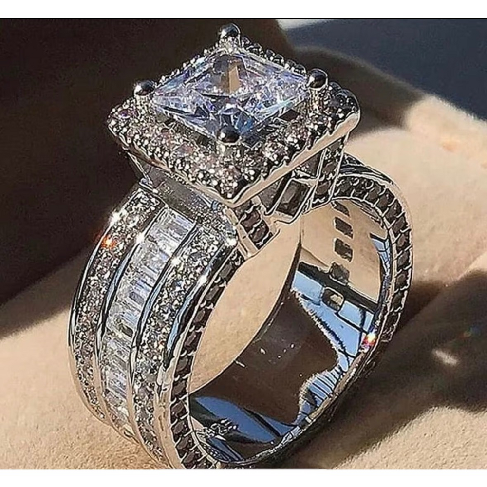 Unbranded White Gold Princess Cut Square CZ Halo Statement Cocktail Ring in Silv - Picture 4 of 5